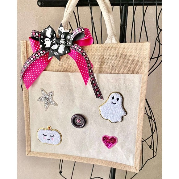 New Ghost Pumpkin Star Halloween Natural Jute Bag Tote Purse w/ Bow - Picture 1 of 10